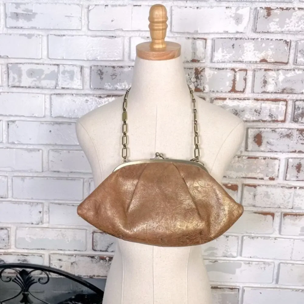 Vintage 90s Monsac Leather Gold Floral Embossed Gold Chain Handle Purse Bag